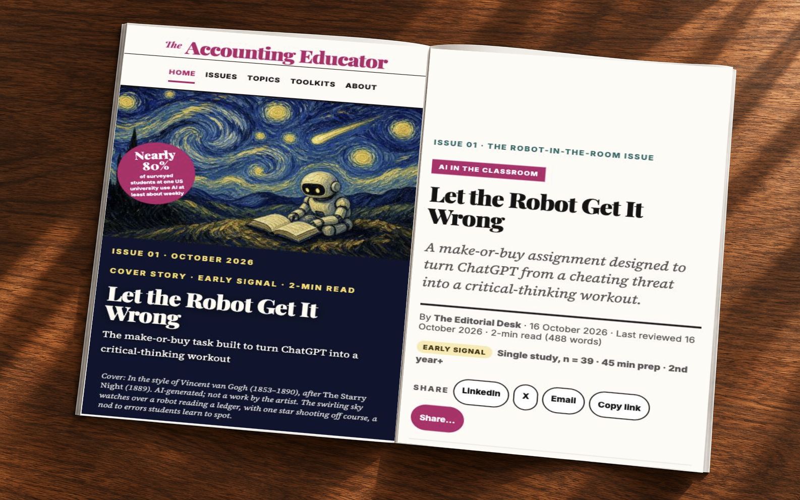The Accounting Educator's real website cover and article presented as a magazine spread.