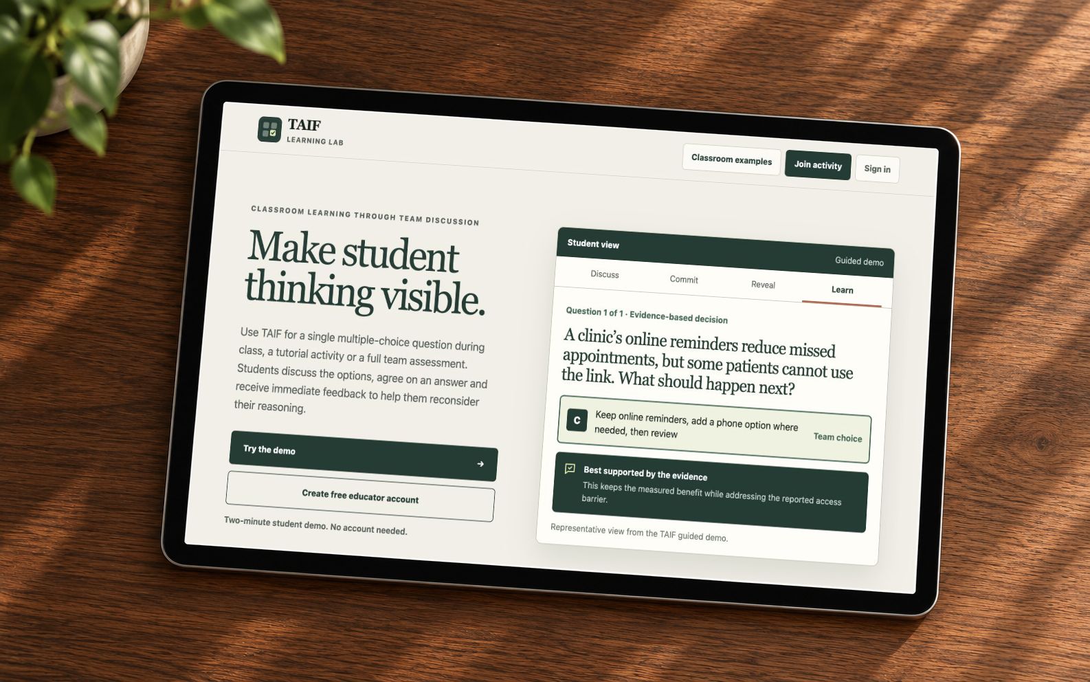 The actual TAIF Learning Lab homepage on a tablet.